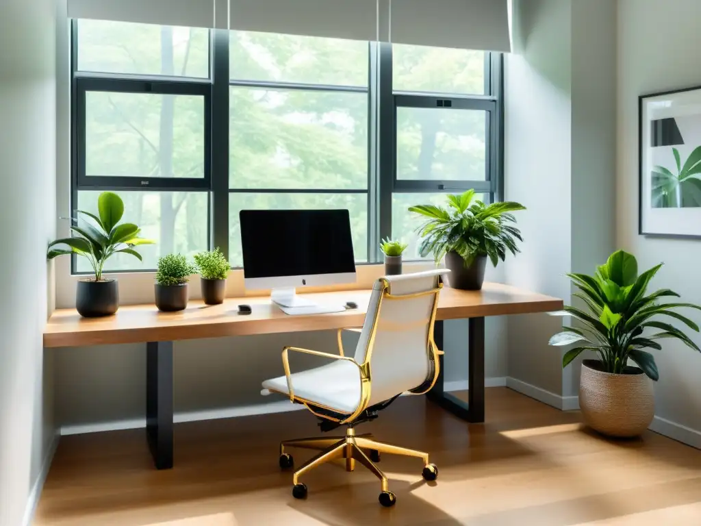 Espacio de trabajo minimalista para maximizar productividad capital humano con moderno escritorio, silla ergonómica y ordenador organizado