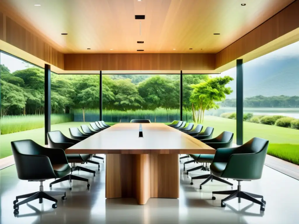 Salón de conferencias sereno y sofisticado con vista verde Espacioso salón de conferencias con diseño moderno y minimalista, inundado de luz natural con vista a un exuberante paisaje verde