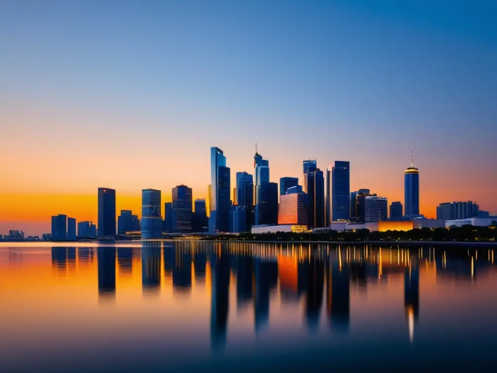 Espectacular skyline de una ciudad moderna al atardecer, con rascacielos iluminados