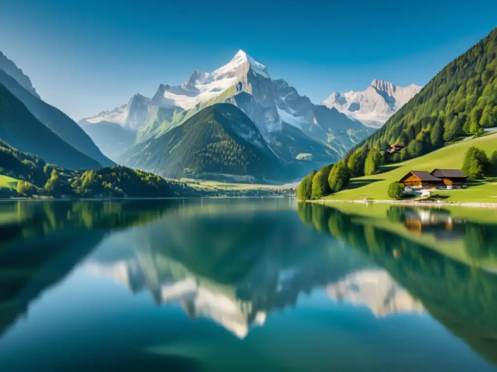 Espectacular vista de los Alpes austriacos con montañas nevadas y un lago sereno
