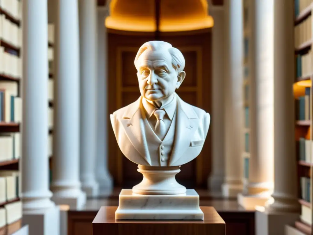 Estatua de Ludwig von Mises en biblioteca clásica iluminada por el sol Estatua de mármol blanco de Ludwig von Mises en biblioteca clásica iluminada por el sol