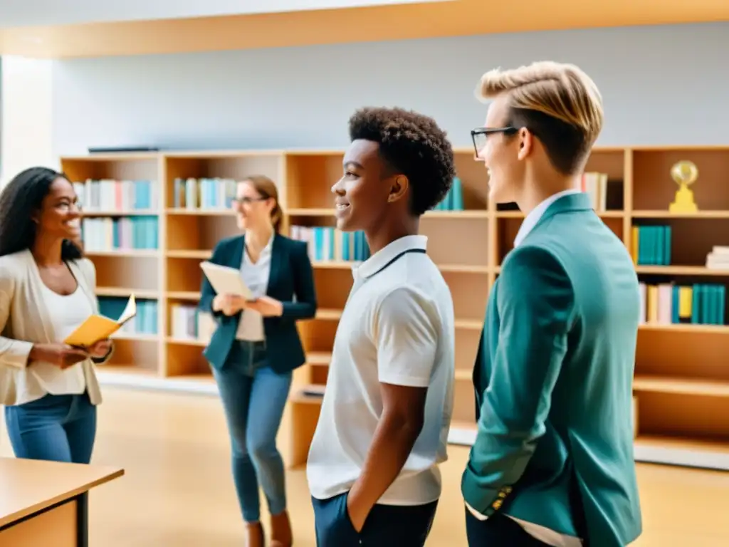 Estudiantes diversos participan en animada discusión en la moderna Escuela Austriaca, reflejando igualdad de oportunidades