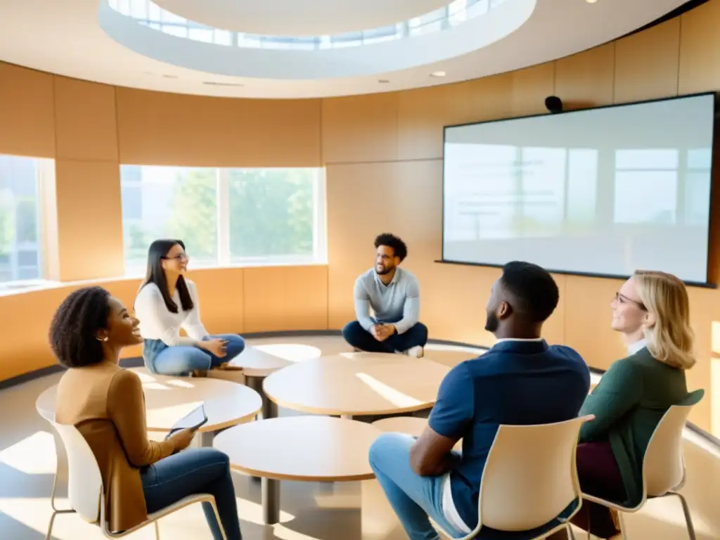 Estudiantes discuten ideas en aula moderna y luminosa