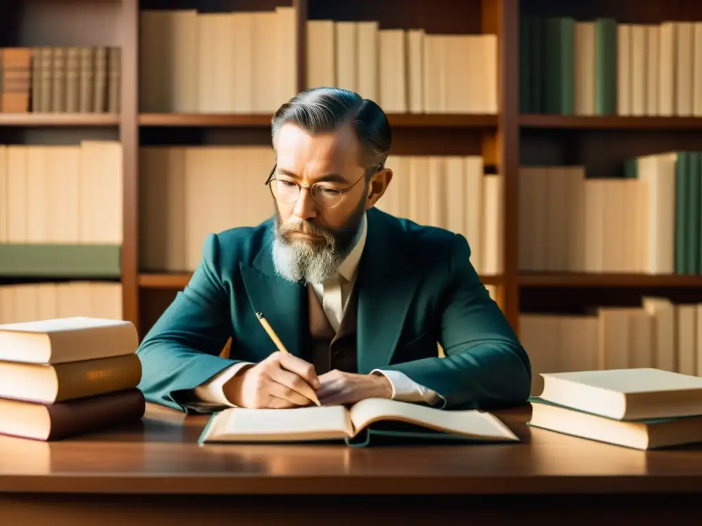 Carl Menger reflexiona en su estudio iluminado por la suave luz natural, rodeado de libros y papeles