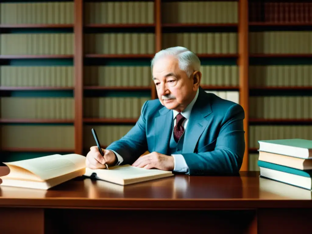 Ludwig von Mises en su estudio, inmerso en la Batalla de Mises por libertad económica, rodeado de libros y papeles, expresando profundidad intelectual y determinación