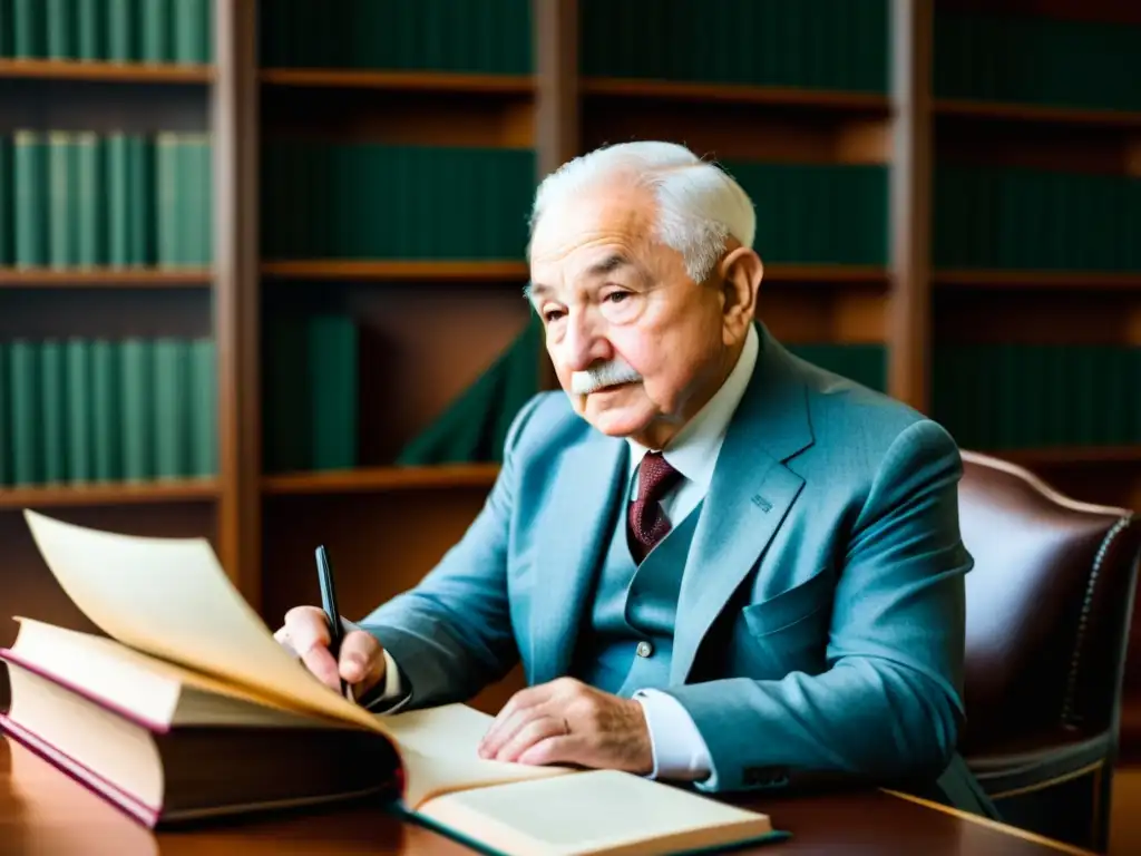 Ludwig von Mises: Sabiduría intelectual Ludwig von Mises en su estudio, rodeado de libros, trabajando con concentración