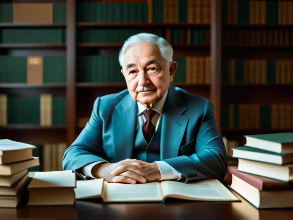 Ludwig von Mises reflexiona en su estudio rodeado de libros y papeles, transmitiendo profundidad e introspección