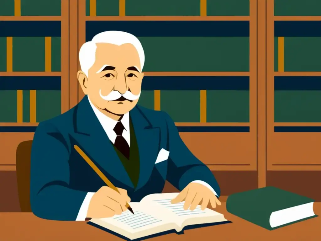 Ludwig von Mises reflexiona en su estudio rodeado de libros y escribiendo con una pluma, creando una atmósfera serena y académica