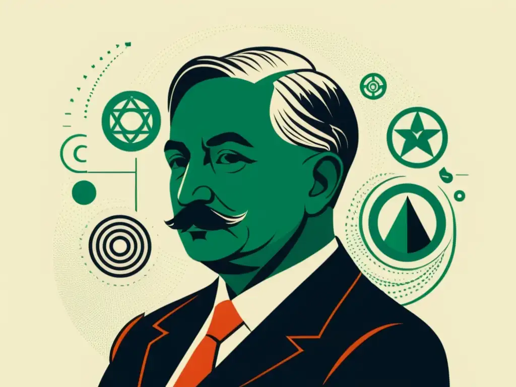 Ludwig von Mises con expresión contemplativa rodeado de conceptos sociales y económicos interconectados, representando la metodología de Mises en ciencias sociales