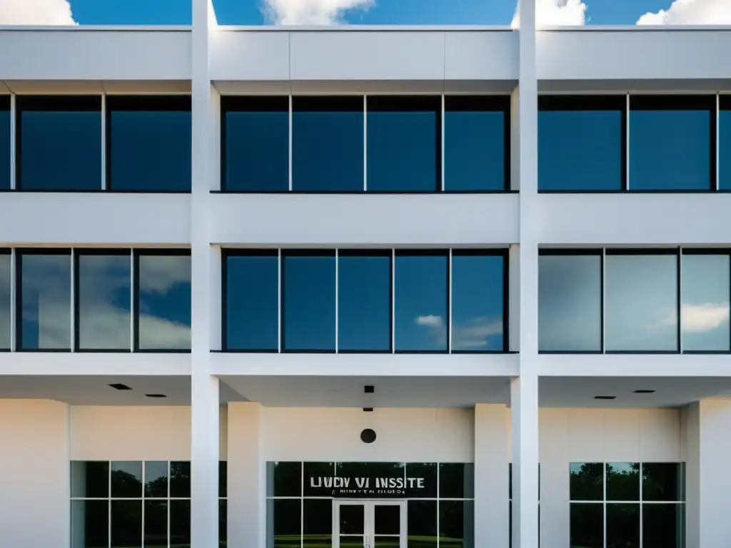 'Exterior minimalista en blanco y negro del Instituto Ludwig von Mises en Alabama, con líneas modernas y ventanas