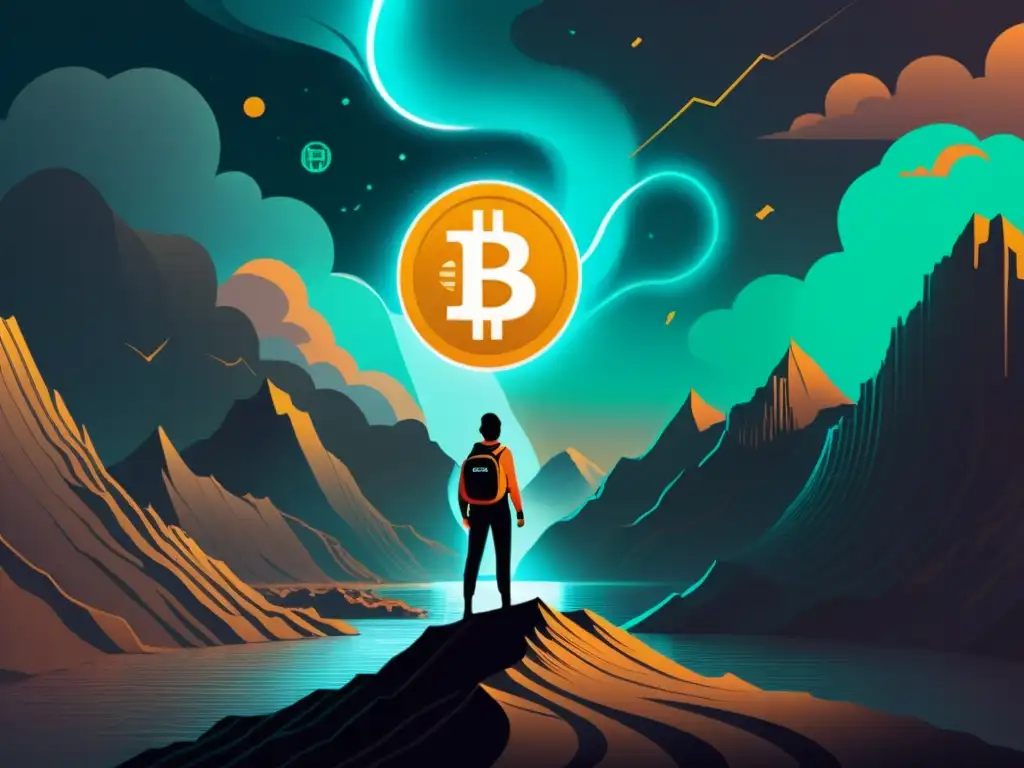 Una figura solitaria sostiene un brillante bitcoin en un paisaje desolado, rodeado de altcoins flotantes