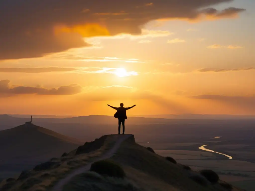 Una figura solitaria abraza la libertad en un acantilado al atardecer, reflejando la filosofía de la libertad en economía