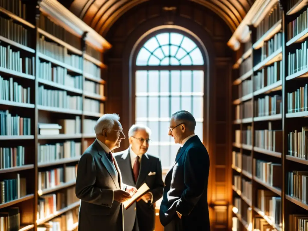 Tres figuras de la Escuela Austriaca teoría económica debaten apasionadamente en una biblioteca grandiosa, bañados por la luz del sol