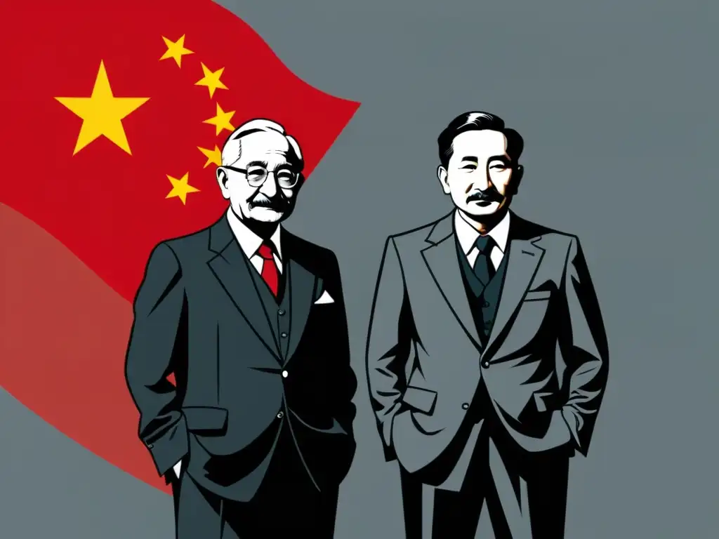 Dos figuras históricas, Mises y Hayek, de pie frente a la bandera china, expresan determinación