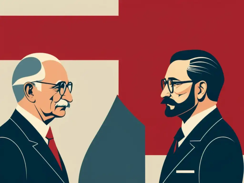 Figuras influyentes de la Escuela Austriaca de Economía, Mises, Hayek y Menger, en ilustración minimalista con bandera austriaca al fondo