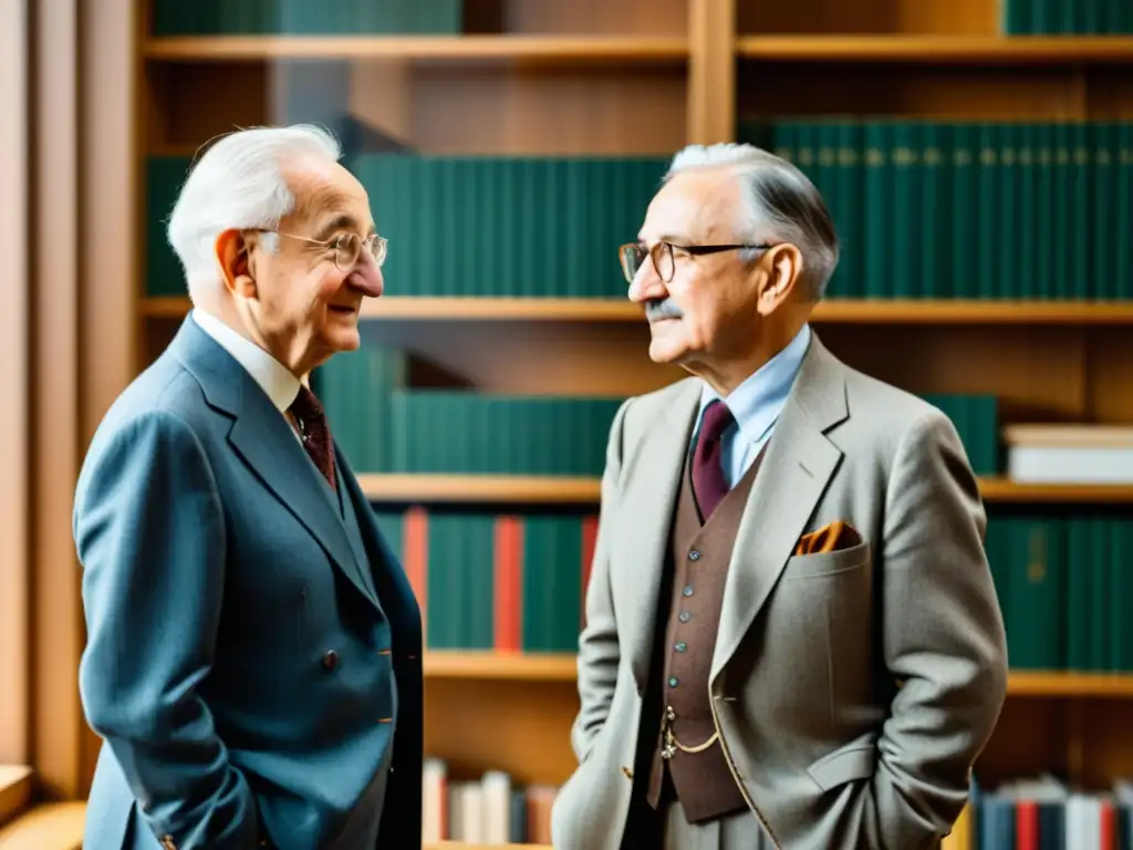 Ludwig von Mises y Friedrich Hayek, figuras influyentes de la Escuela Austriaca de Economía, debaten apasionadamente en una biblioteca soleada y tranquila