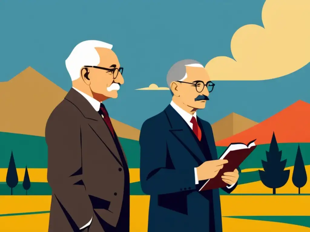 Figuras influyentes de la Escuela Austriaca en ilustración digital minimalista de Mises, Hayek y Menger en paisaje austriaco