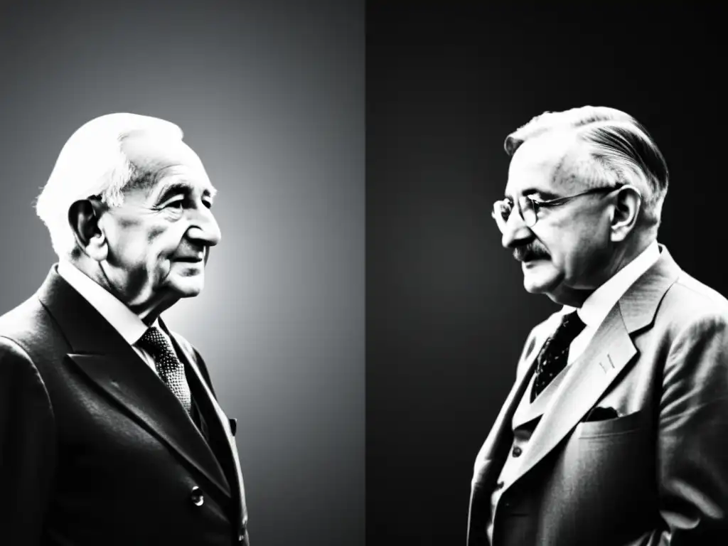 Figuras influyentes Escuela Austriaca Economía: retrato en blanco y negro de Mises, Hayek y Menger, con intensidad y sabiduría en sus ojos, vestidos con trajes elegantes