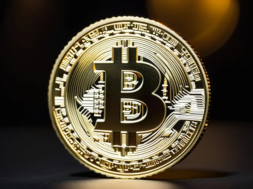 Una representación física detallada de Bitcoin como reserva de valor, con engravings nítidos y superficie reflectante