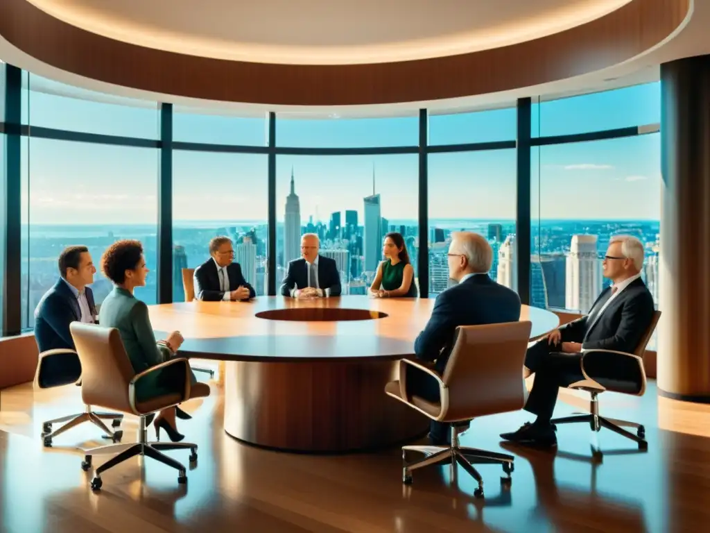 Foro de discusión de líderes económicos debatiendo apasionadamente en una sala iluminada con vistas a la ciudad