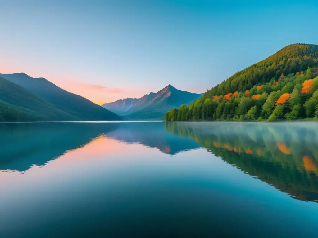 Lago sereno en montañas verdes: belleza natural y paz interior Fuga de capitales en América Latina: Un lago tranquilo rodeado de montañas verdes y un cielo pastel evocador de serenidad
