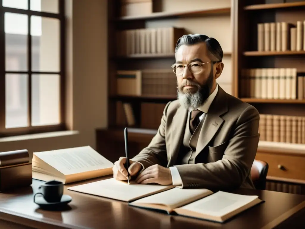 Carl Menger, fundador de la Escuela Austriaca de Economía, ilustrado en tonos tierra, escribiendo con pluma en su escritorio, rodeado de libros