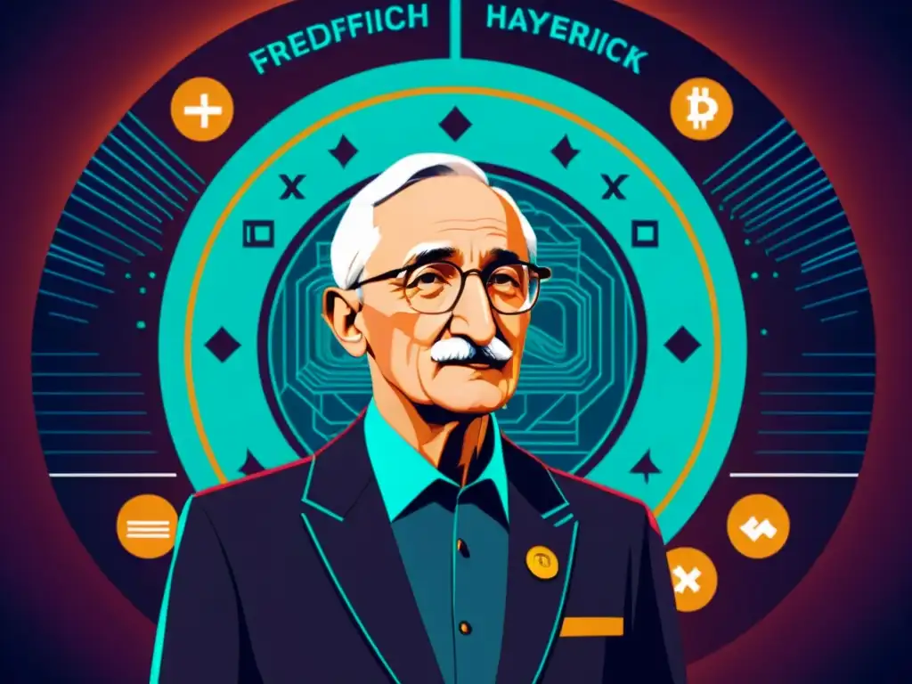 Friedrich Hayek contempla el futuro del dinero digital en una ilustración minimalista detallada