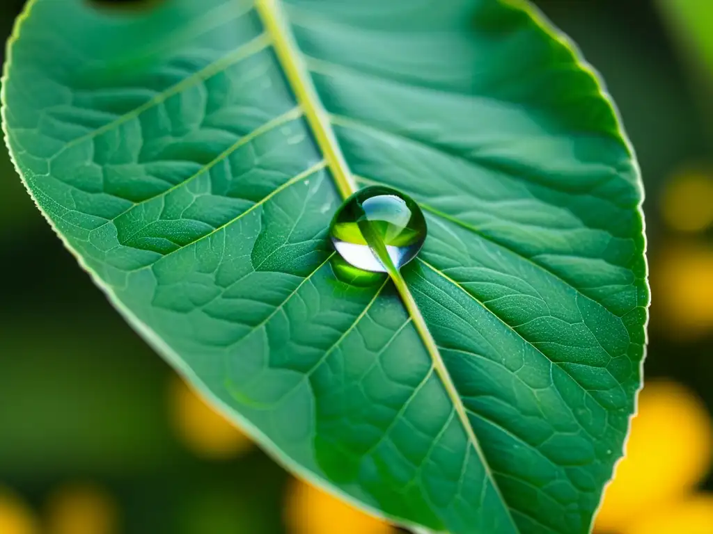 Gotas de agua en hoja verde: belleza natural detallada Una gota de agua delicada en una hoja verde vibrante, reflejando su entorno con claridad impresionante