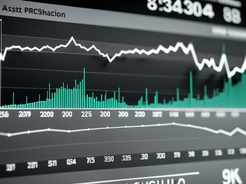 Gráfica financiera en 8k: detalle y precisión Gráfica financiera detallada en escala de grises, reflejando la aplicación de la teoría austriaca en la fluctuación de precios de activos