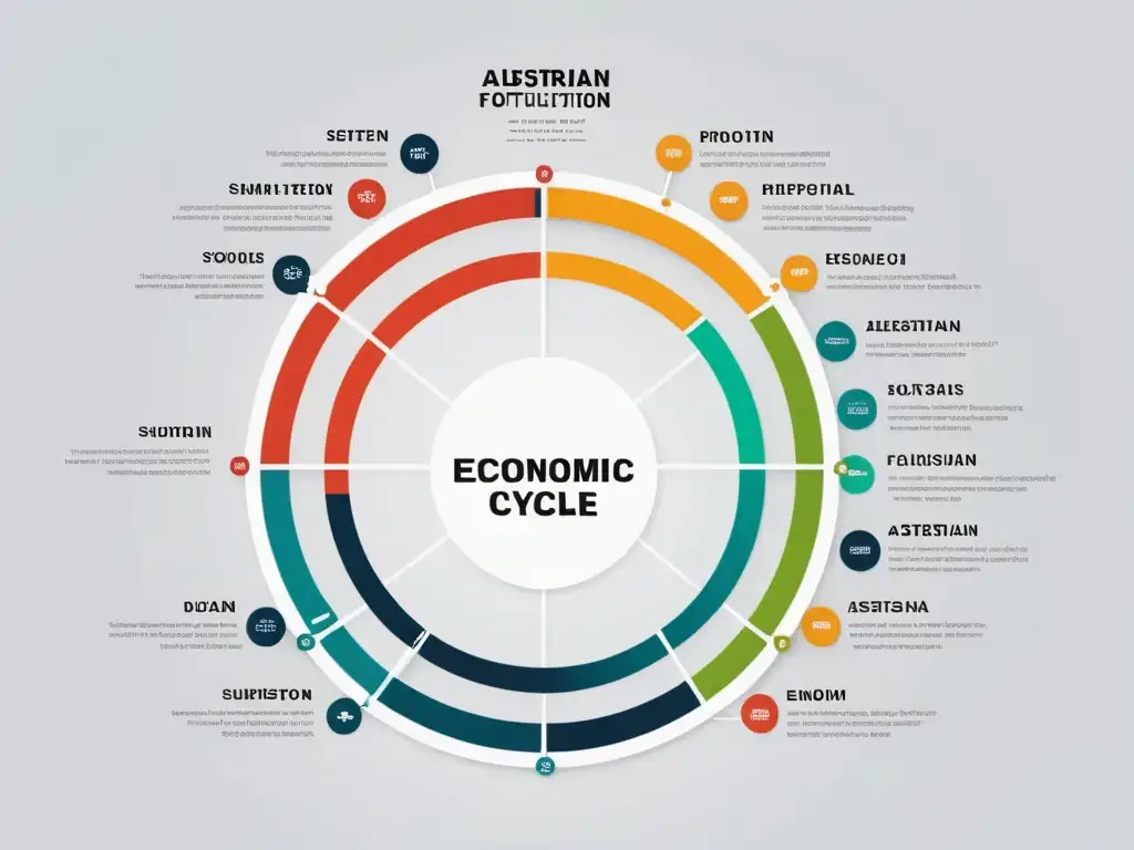 Un gráfico de ciclo económico complejo con herramientas austriacas para predecir ciclos económicos, en colores vibrantes sobre fondo blanco