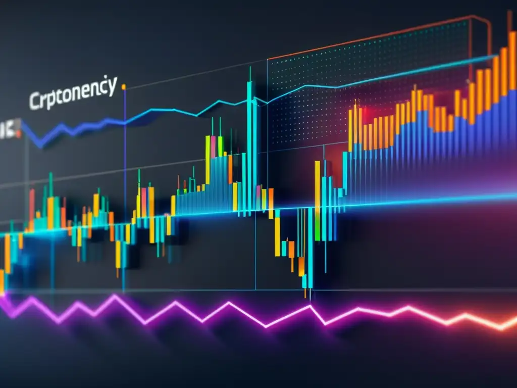 Gráfico de intercambio de criptomonedas futuristas, reflejando el valor fluctuante de monedas digitales