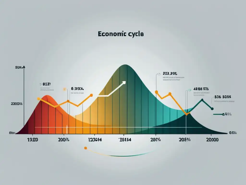 Gráfico de líneas detallado en 8k que representa un ciclo económico exitoso, con ejes etiquetados y líneas suaves
