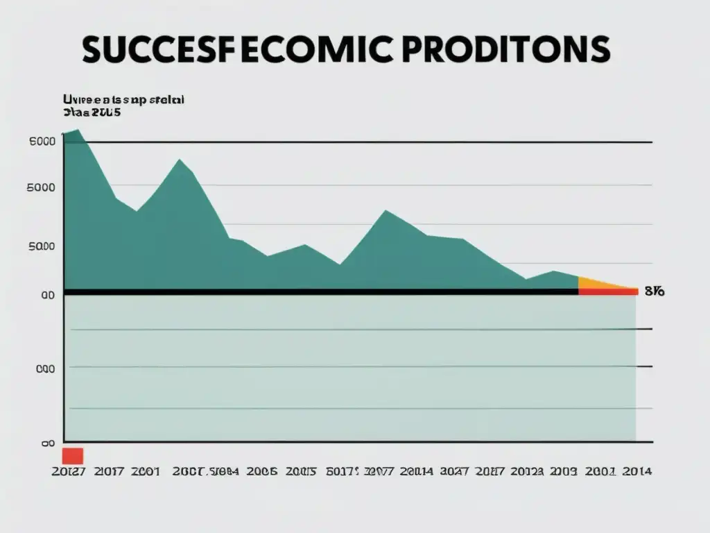 Un gráfico de líneas ultradetallado muestra predicciones económicas exitosas y fallidas, con colores distintos y anotaciones claras