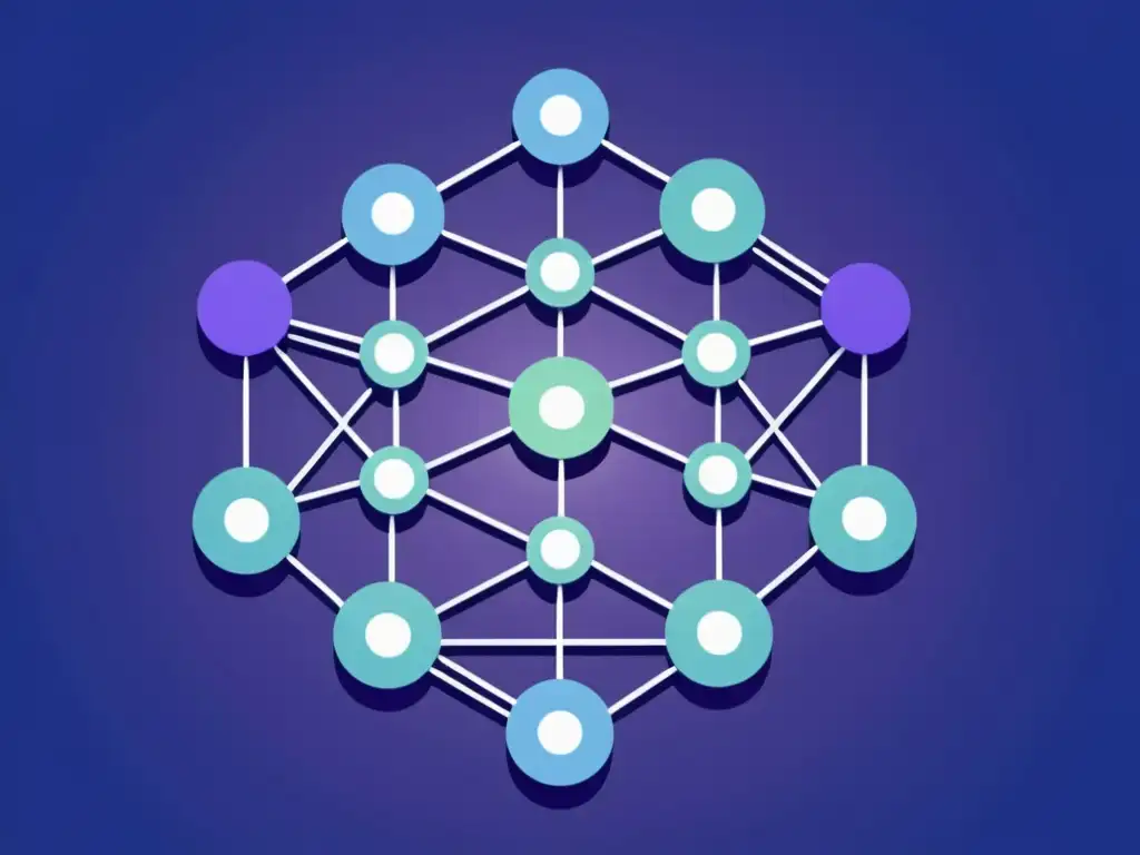 Gráfico minimalista de una red de nodos interconectados, representando DAO como alternativa a instituciones financieras