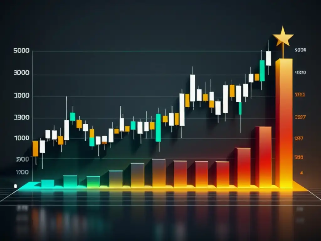 Gráfico de velas detallado con patrones complejos y movimientos de precios, sobre fondo oscuro