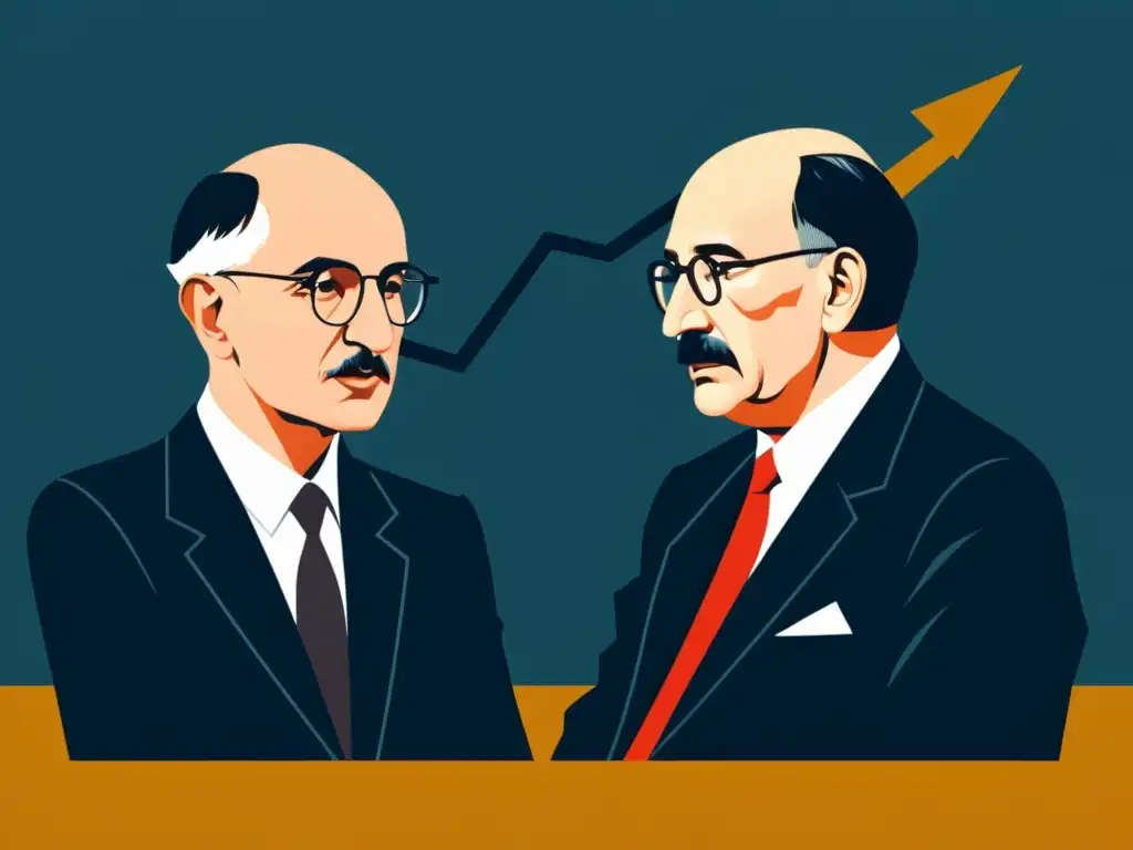 Friedrich Hayek y John Maynard Keynes debaten con gráficos económicos de fondo, reflejando la crítica de Hayek al keynesianismo