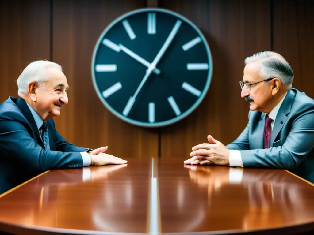 Debate apasionado: Mises y Hayek en 8k Dos grandes figuras de la Escuela Austriaca, Ludwig von Mises y Friedrich Hayek, debaten apasionadamente en una mesa de conferencias moderna