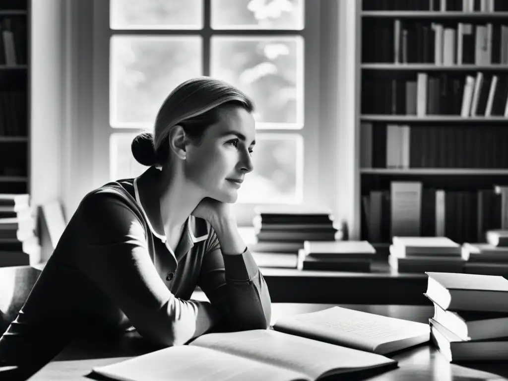 Bettina Bien Greaves, legado de la Escuela Austriaca, inmersa en pensamientos frente a su escritorio, rodeada de libros y papeles