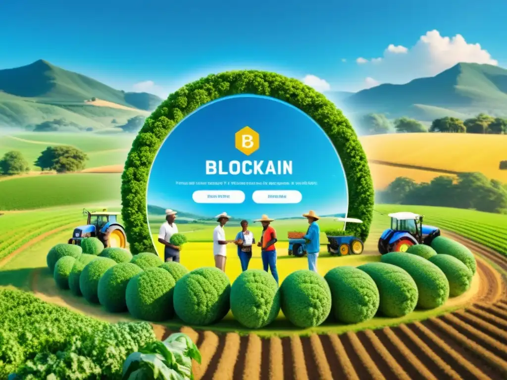 Intercambio agrícola con blockchain: empoderamiento comunitario Grupo de agricultores locales intercambiando bienes y tokens digitales a través de una aplicación móvil con tecnología blockchain