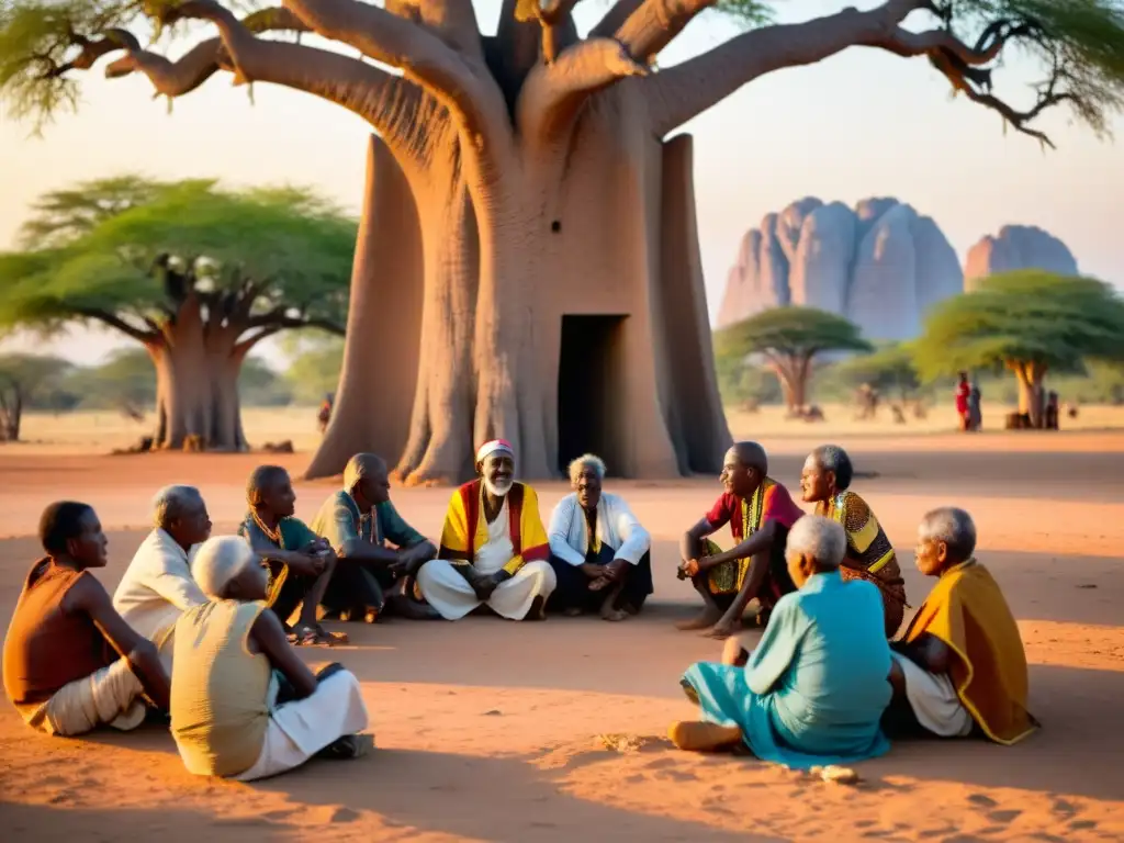 Grupo de ancianos tribales bajo el baobab, en animada charla mientras niños juegan