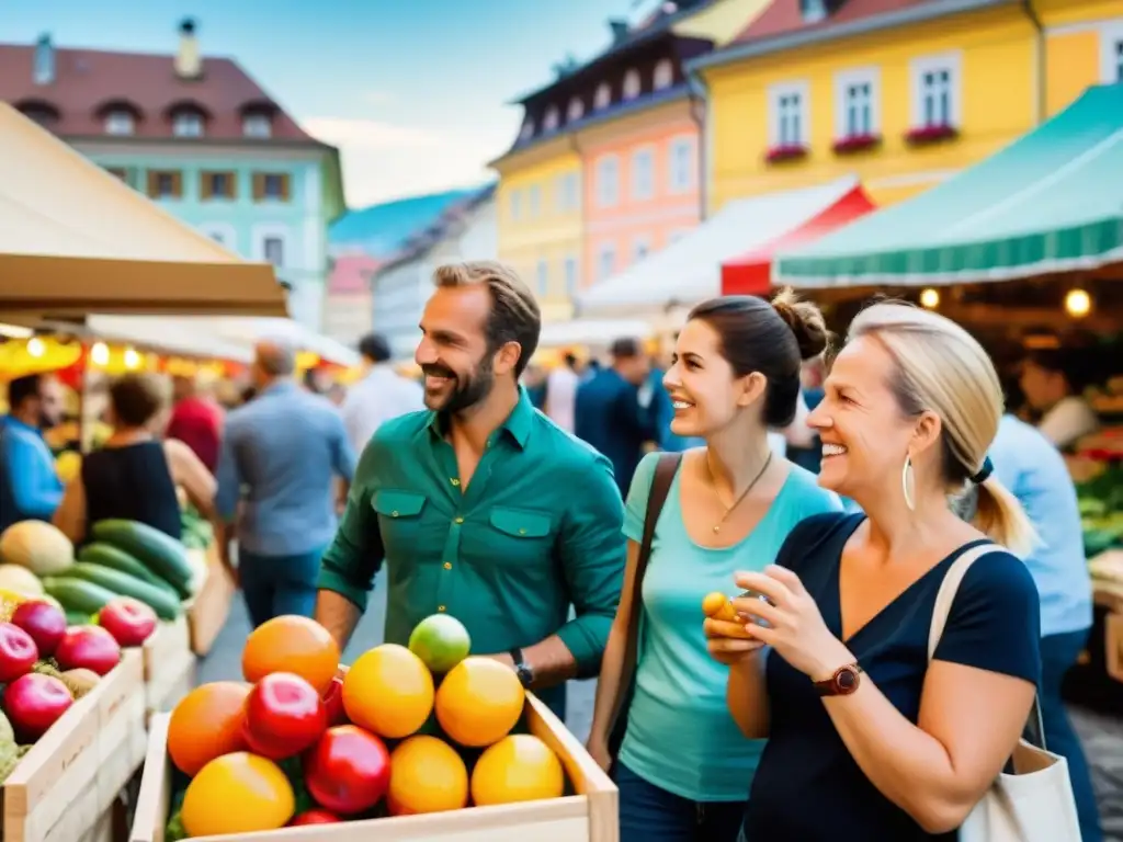 Grupo animado debate en bullicioso mercado de Austria, reflejando la psicología social en la economía austriaca