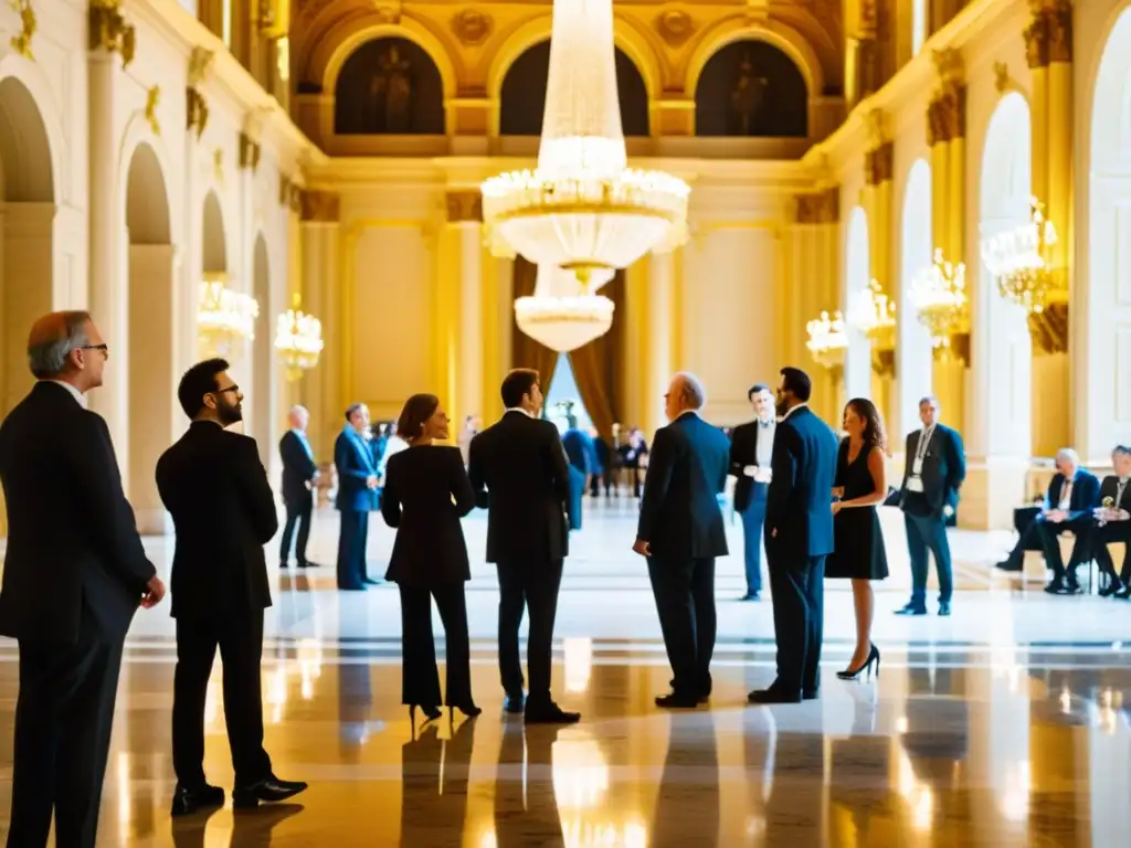 Un grupo de distinguidos economistas en un majestuoso salón preparándose para un evento influyente de la Escuela Austriaca