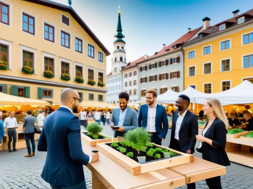 Colaboración diversa en la economía moderna Grupo diverso colaborando en actividad económica, reflejando la cooperación voluntaria en economía austriaca en un bullicioso mercado moderno