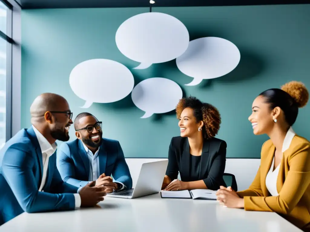 Grupo diverso de emprendedores en una animada discusión creativa, reflejando la Importancia de la Escuela Austriaca en el Emprendimiento