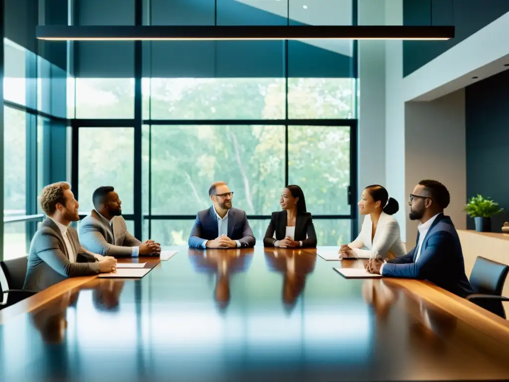 Grupo diverso de emprendedores y inversores en una sala de juntas moderna, con luz natural y ambiente cálido