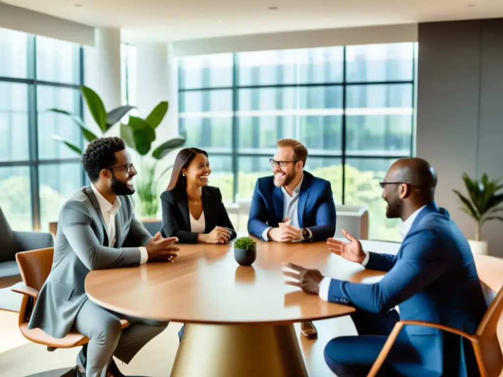 Grupo diverso de emprendedores e inversores en una animada discusión, reflejando la energía y dinamismo del mundo empresarial