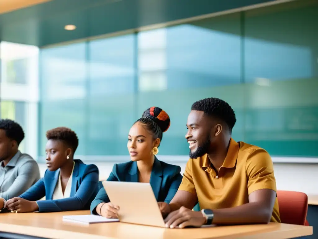 Grupo diverso de estudiantes africanos debatiendo en aula moderna, fusionando Escuela Austriaca economía con el futuro de África