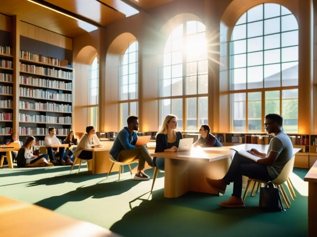 Grupo diverso de estudiantes colaborando en la biblioteca universitaria, reflejando camaradería académica y dedicación a los estudios