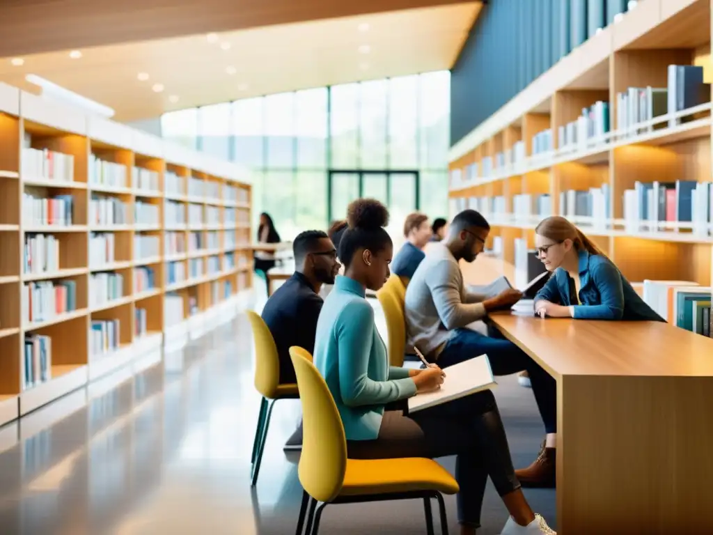 Un grupo diverso de estudiantes colabora y estudia en la biblioteca de una universidad, con un diseño moderno y mucha luz natural