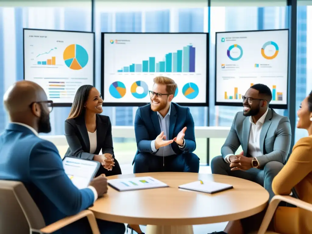 Un grupo diverso discute ideas en una sala luminosa